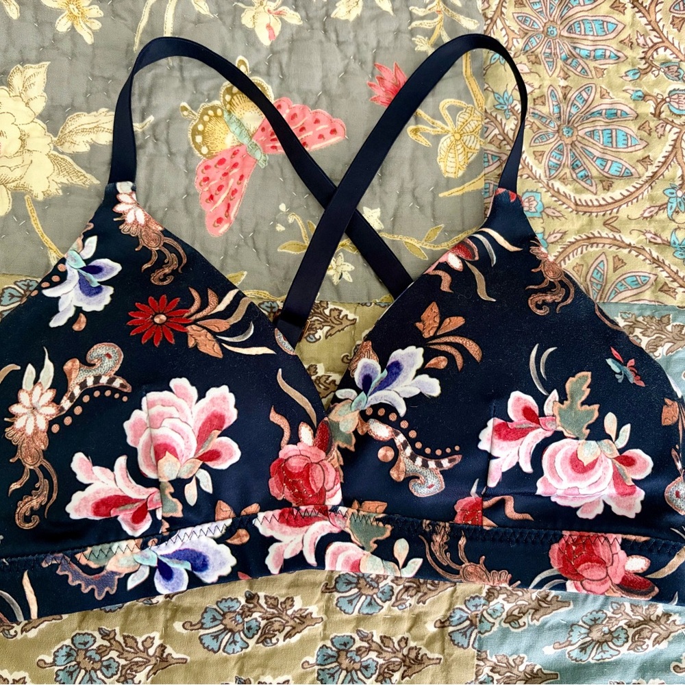 Athleta Floral Bralette - Black with Pink, Red, Cream, Green Accents